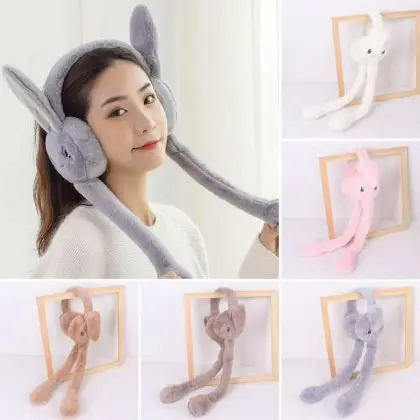 Soft Fluffy Rabbit Ears Headband | Moving Ears Plush Earmuffs | Warm & Cozy – 1Pc Random Colour