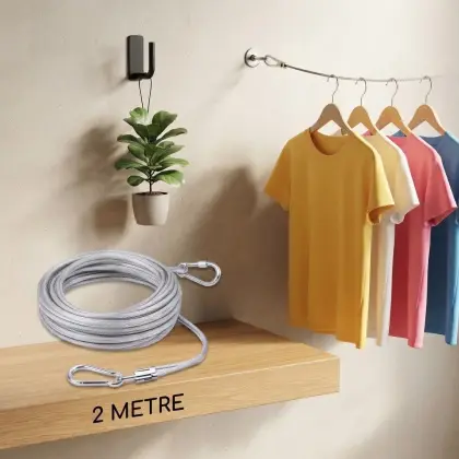 2-Metre Stainless Steel Clothes Drying Wire With Hooks – Heavy-Duty Portable Laundry Line