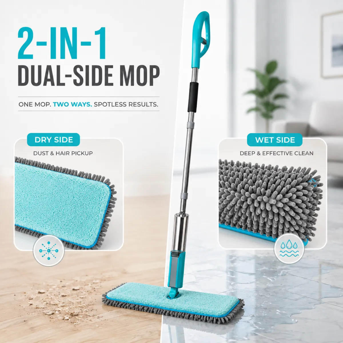 Zidello Flip Spray Mop – Dual-Sided Microfiber Floor Mop with Built-In Spray Bottle