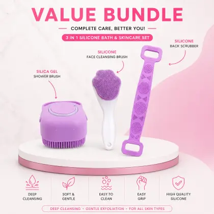 3 in 1 Silicone Bath & Skincare Value Bundle – Shower Brush, Back Scrubber & Face Cleansing Brush Set