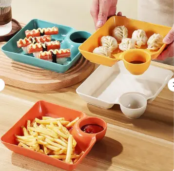 4 Pcs Snack Plate Set | Clear Plastic Dinner Plates, Condiment Containers & Serving Trays | Random Colour