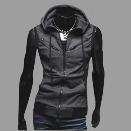 Men's Winter Sleeveless Zipper Hoodie - L, Black