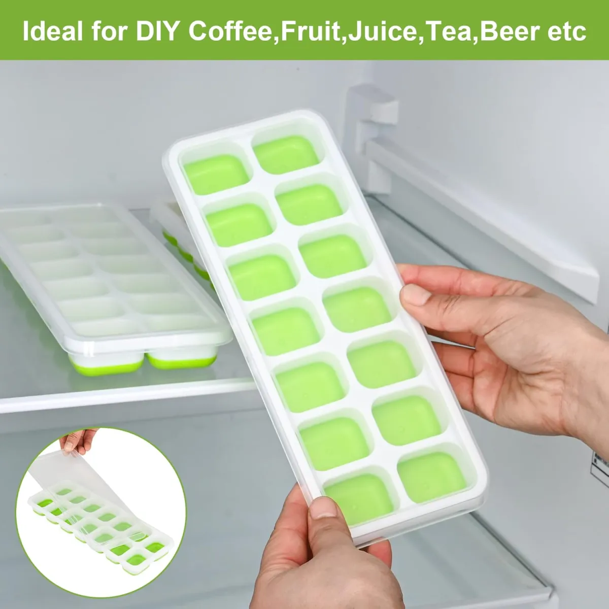 Zidello Silicone Ice Cube Trays with Lid (14 Large Cubes)