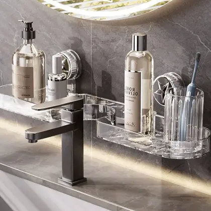 Space Saving Acrylic Luxury Suction Cup Bathroom & Sink Storage Shelf