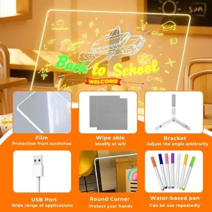 LED Acrylic Writing Pad Dry Erase Board – 12x8 Inch with Tripod Stand & 7 Markers
