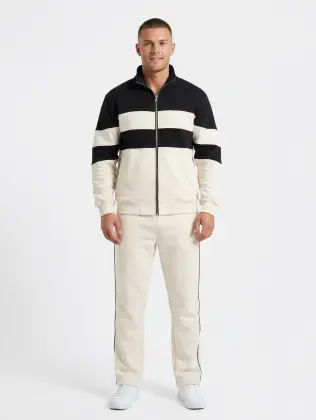 Premium Panel Tracksuit For Men Stylish Athletic Wear Set | Zip-up Jacket And Trouser - L, cream color