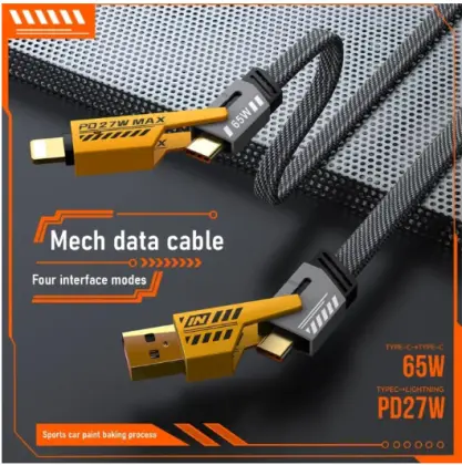 4 in 1 Data Cable – USB-C & Lightning Connectors, Braided Durable Design, Fast Charging & Data Transfer, Black with Yellow Connectors (Without Box)
