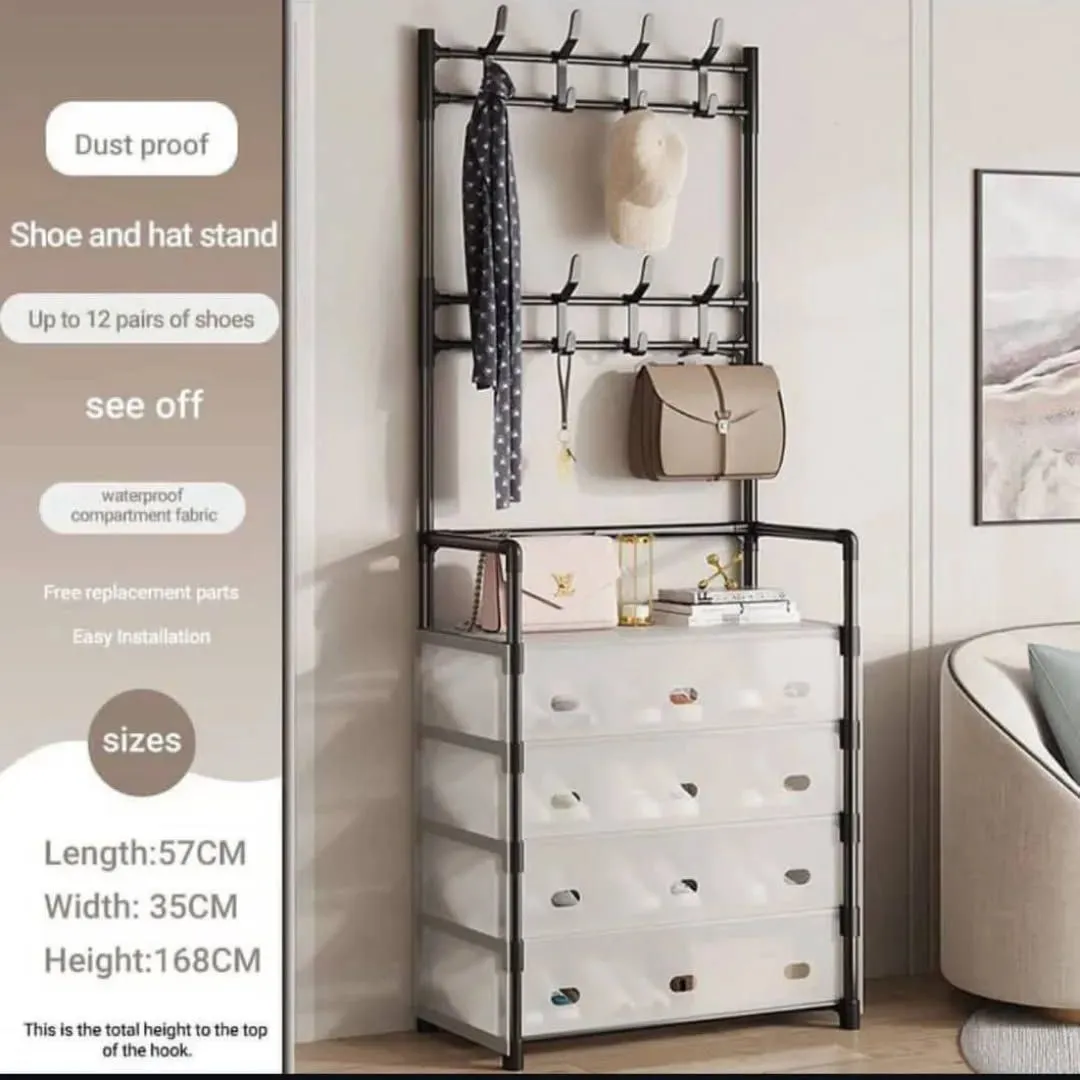 Coat & Shoe Rack with Dustproof Storage – Multi-Layer Organizer with Hanging Hooks