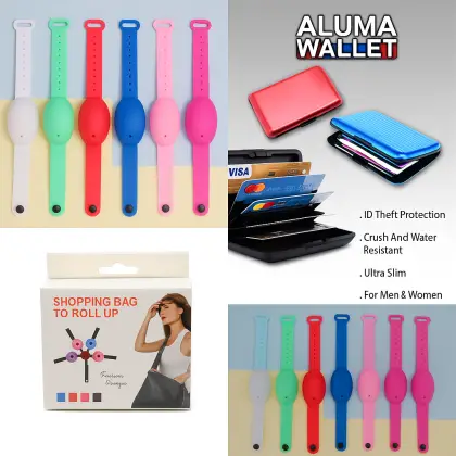 Pack of 3 Combo – Alluma Wallet, Sanitizer Watch & Reusable Shopping Bag - Best Quality Wallet, Sanitizer Watch & Shopping Bag ( Random Color )