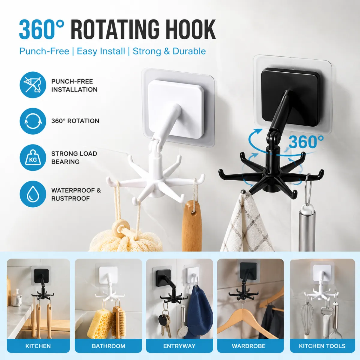 360 Rotating Hook – Punch Free Kitchen Wall Hanger