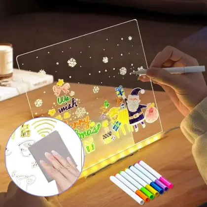 LED Light-Up Writing Board With 7 Marker – 15×15 cm Acrylic Message Pad with Stand | Colorful DIY Notes & Erasable Neon Pens