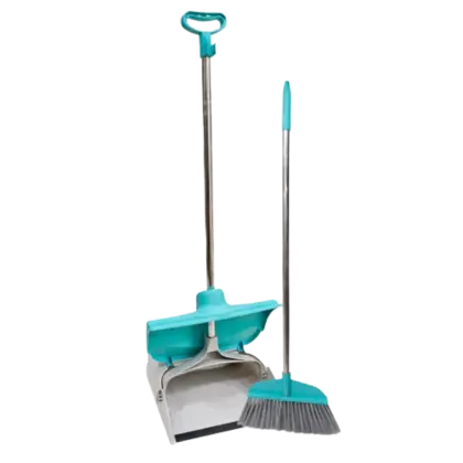 Zidello Commercial Floor Cleaning Broom with Folding Dustpan Set, Heavy Duty Stainless Steel Rod