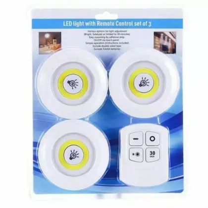 Pack Of 3 LED Remote Control Lights – Tap Lights With Self Adhesive For Cabinet, Wardrobe & Kitchen ~ Cell Operated