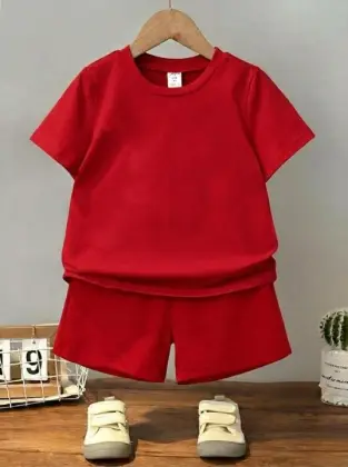 Kids Plain Summer Tracksuit Set – Soft Cotton Blend Half Sleeve T-Shirt & Comfortable Shorts Co-Ord Outfit for Boy - Red, Small