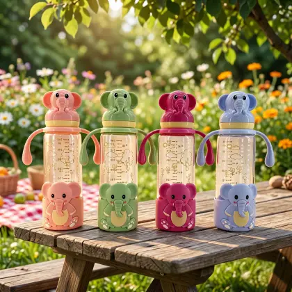 Premium Glass Baby Feeding Bottle | Anti-Colic Regular Nipple & Ergonomic Handles | Adorable 3D Elephant Design | Available in 240ml Large - Color 4