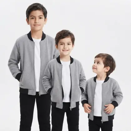 Kids Grey Bomber Zipper Jacket Casual Outerwear Long Sleeve Full Zip Up Daily Wear Winter Fashion - L