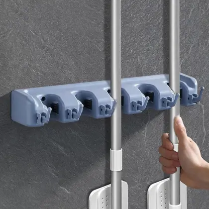 Zidello Wall-Mounted Mop & Broom Holder with Slots & Hooks