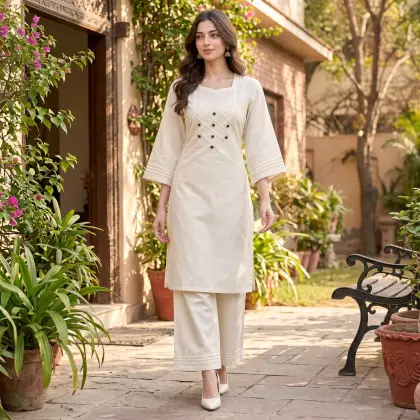 Elegant Ivory Georgette Embellished 2-Piece Ready-to-Wear Suit for Women - L