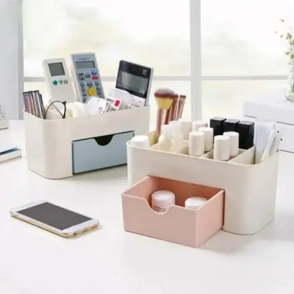Plastic Makeup Storage Box with Drawers – Cosmetic & Jewelry Organizer for Desktop