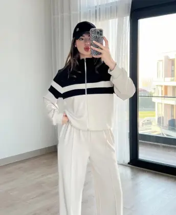 Premium Panel Tracksuit For Women Stylish Athletic Wear Set | Zip-up Jacket And Trouser - Cream Color - L