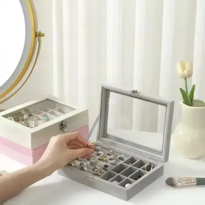 Premium Pink Jewellery Organizer – Glass Lid Ring & Earring Display Box