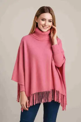 Winter Fleece Poncho with High Neck, Tassel Design & Adjustable Short Sleeves – For Girls/Princess Free Sizes