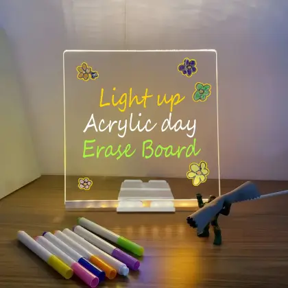 LED Light-up Acrylic Dry Erase Board with Markers | Colorful DIY Notes & Erasable Neon Pens 15x15 Cm