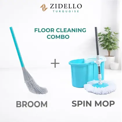 Zidello 2-in-1 Floor Cleaning Bundle – 360° Spin Mop with Plastic Spinner Bucket & Zero-Dust Long Handle Broom