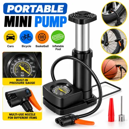 Portable Air Pump With Pressure Meter | Heavy Duty Manual Tyre Inflator Pump for Car, Bike, Bicycle, Motorcycle, Football & Inflatable Toys | Foot Pump