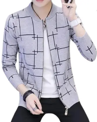Men's Grey Checkered Bomber Jacket - L, grey