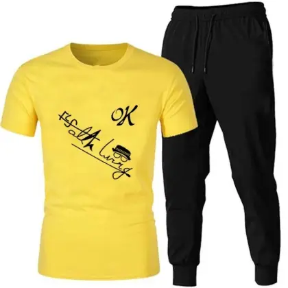 Men's Summer Casual Yellow Graphic T-Shirt with Black Jogger Pants Set