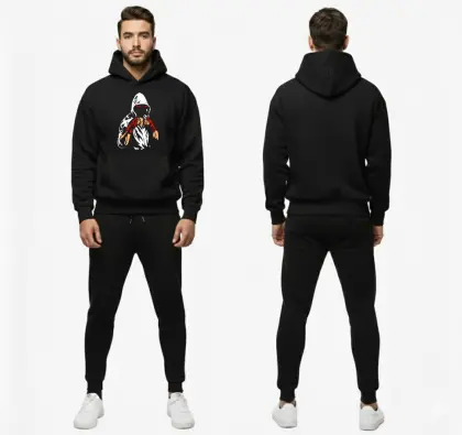 Men's Trendy Printed Tracksuit Black Casual Sportswear Sweat Suit Comfortable Fit - L