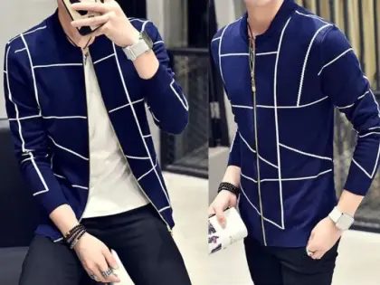 Men's Winter Zipper Jacket - Navy Blue - L, Navy Blue