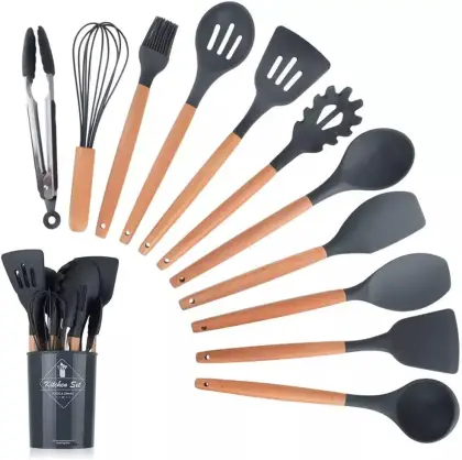 12 Pcs Silicone Cooking Utensils Kitchen Utensil Set | Heat Resistant Kitchen Non toxic Spatula Set with Turner Tongs,Spoon,Brush,Whisk-Wooden Handle - Random Color
